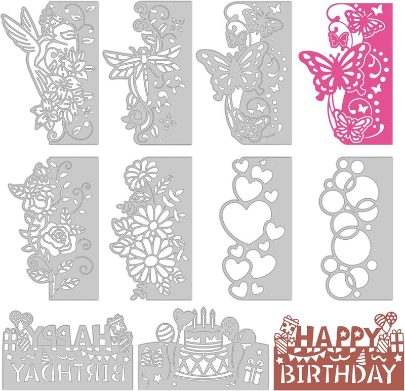 twinklemon 9PCS Die Cuts for Card Making Metal Cutting Dies Flower Butterfly Dragonfly Bird Bubbles Love Heart Happy Birthday Cake Cutting Embossing Stencil Template DIY Paper Cards Album Decoration - Image 1